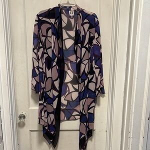 Ann Klein Geometric Patterned Purple And Black Flowy Sheer Layering Cardigan 16